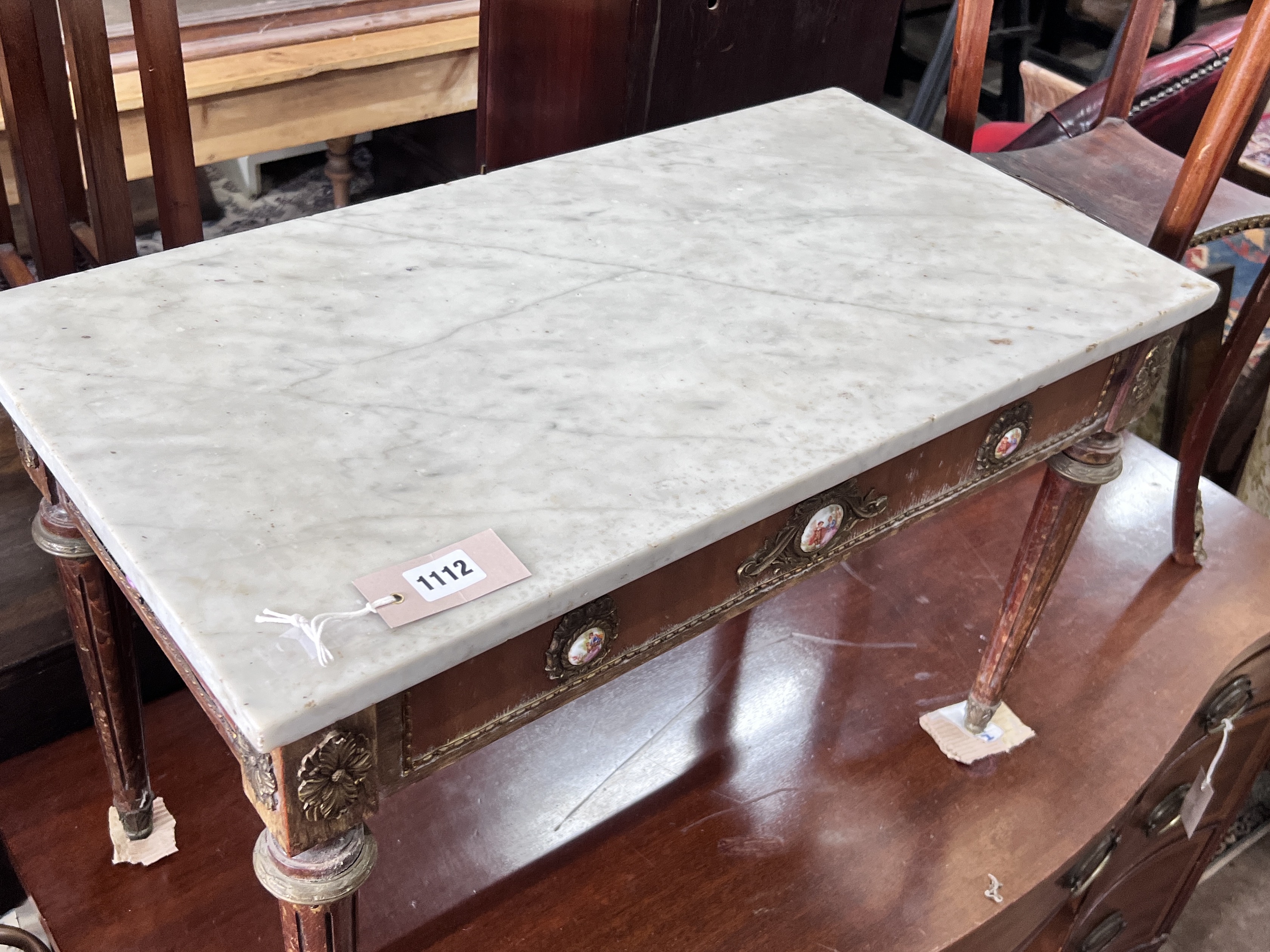 A French porcelain mounted rectangular marble top coffee table, width 68cm, depth 35cm, height 44cm together with a similar two tier plant stand and wall mirror